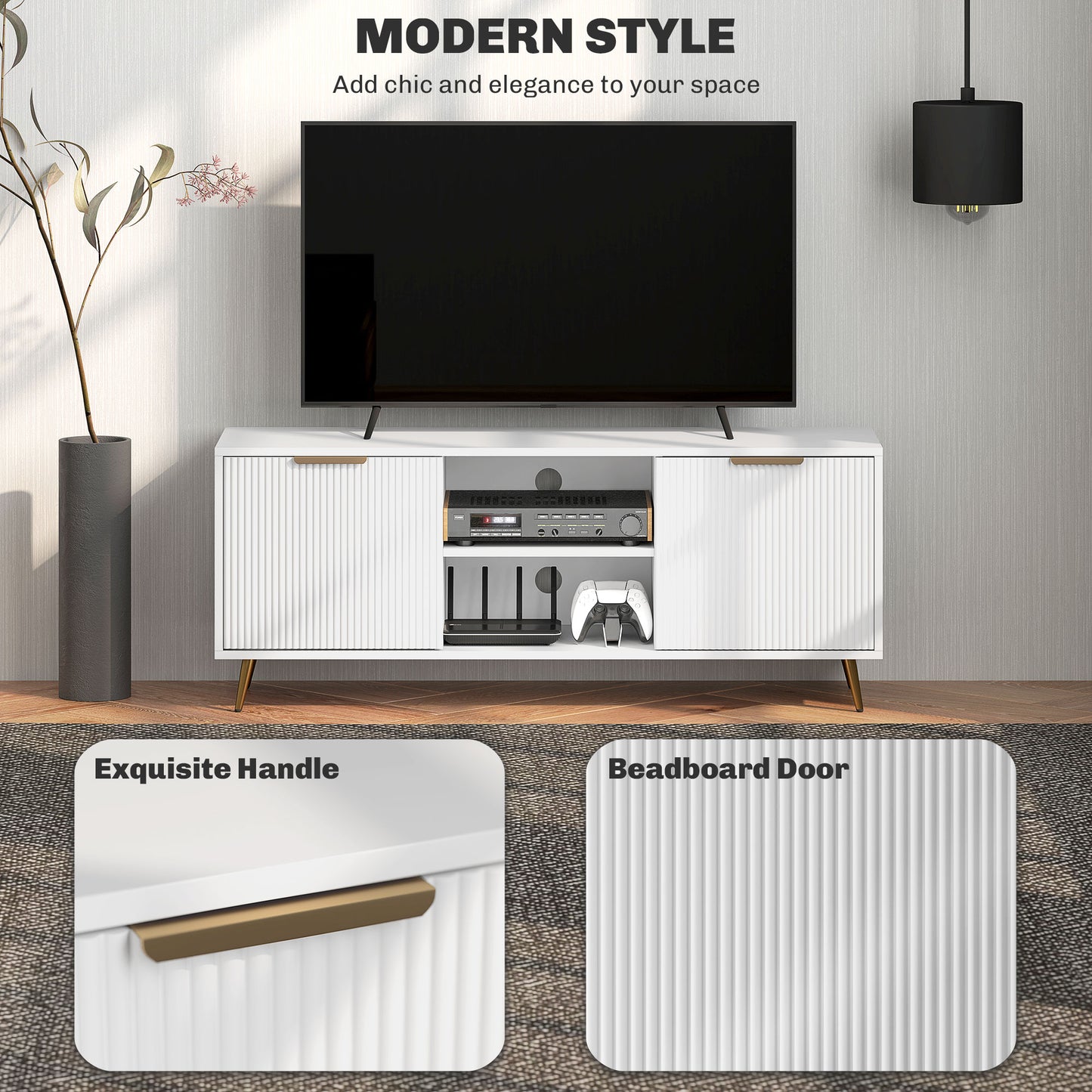 HOMCOM Modern TV Stand, 2 Open Shelves & 2 Cabinets for TVs up to 55", White