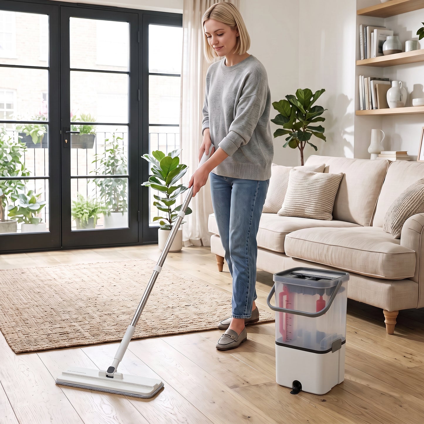 HOMCOM Mop and Bucket Set, Compact Flat Mop and Bucket with Wringer, 2-Chamber Design, 5 Reusable Microfiber Pads, White