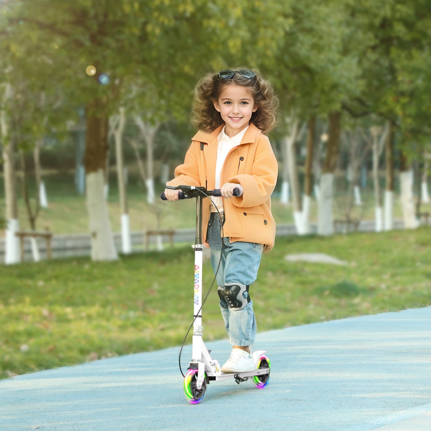 AIYAPLAY Scooter for Kids Aged 3-8 Years, with Adjustable Handle, Two Light Up Wheels, Handbrake, Rear Brake, White