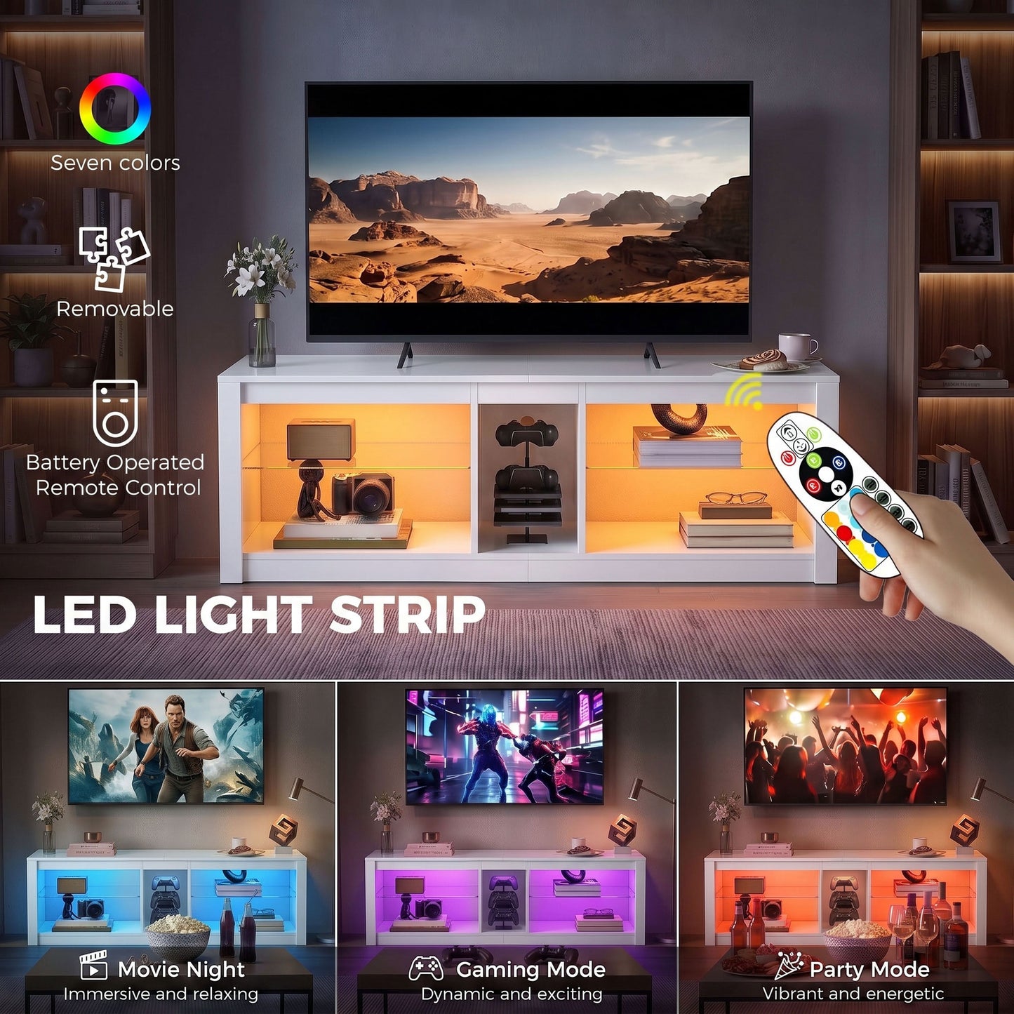 HOMCOM TV Stand Cabinet with LED Lights and Remote Control for TVs up to 65", Entertainment Centre with Storage Shelves, White