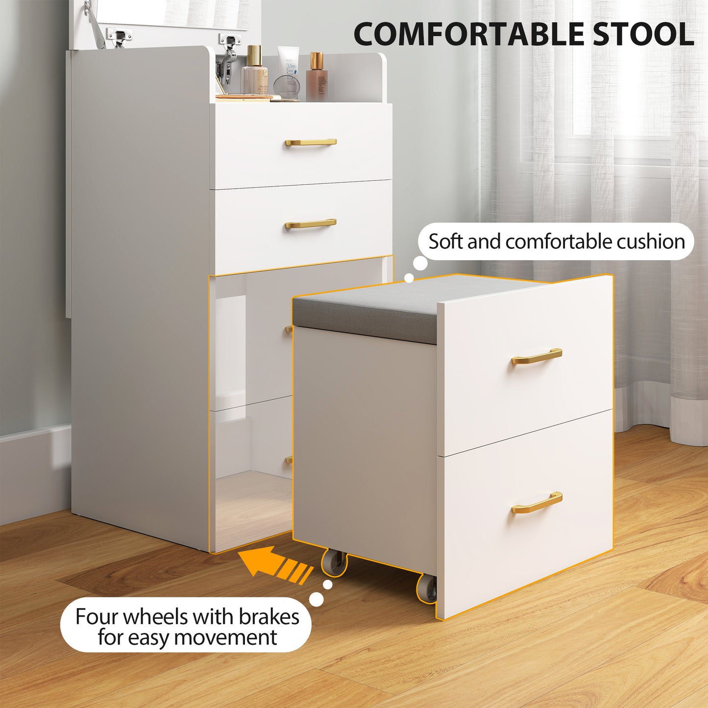 HOMCOM 3-in-1 Dressing Table with Flip-top Mirror, Glass Top, Drawers, Side Hook, Rolling Cushioned Storage Stool, White.