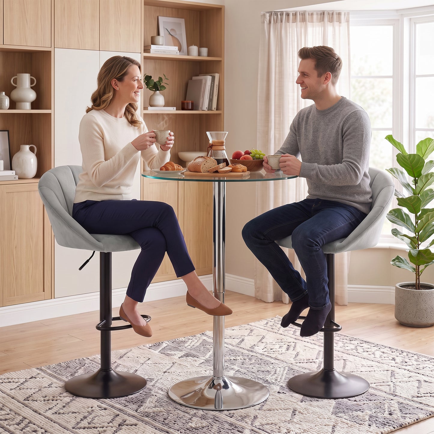 HOMCOM Set of 2 Velvet-Feel Bar Stools, Swivel Adjustable Height Breakfast Bar Chairs with Backrest, Footrest, Quilted Kitchen Stools for Dining Room, Grey