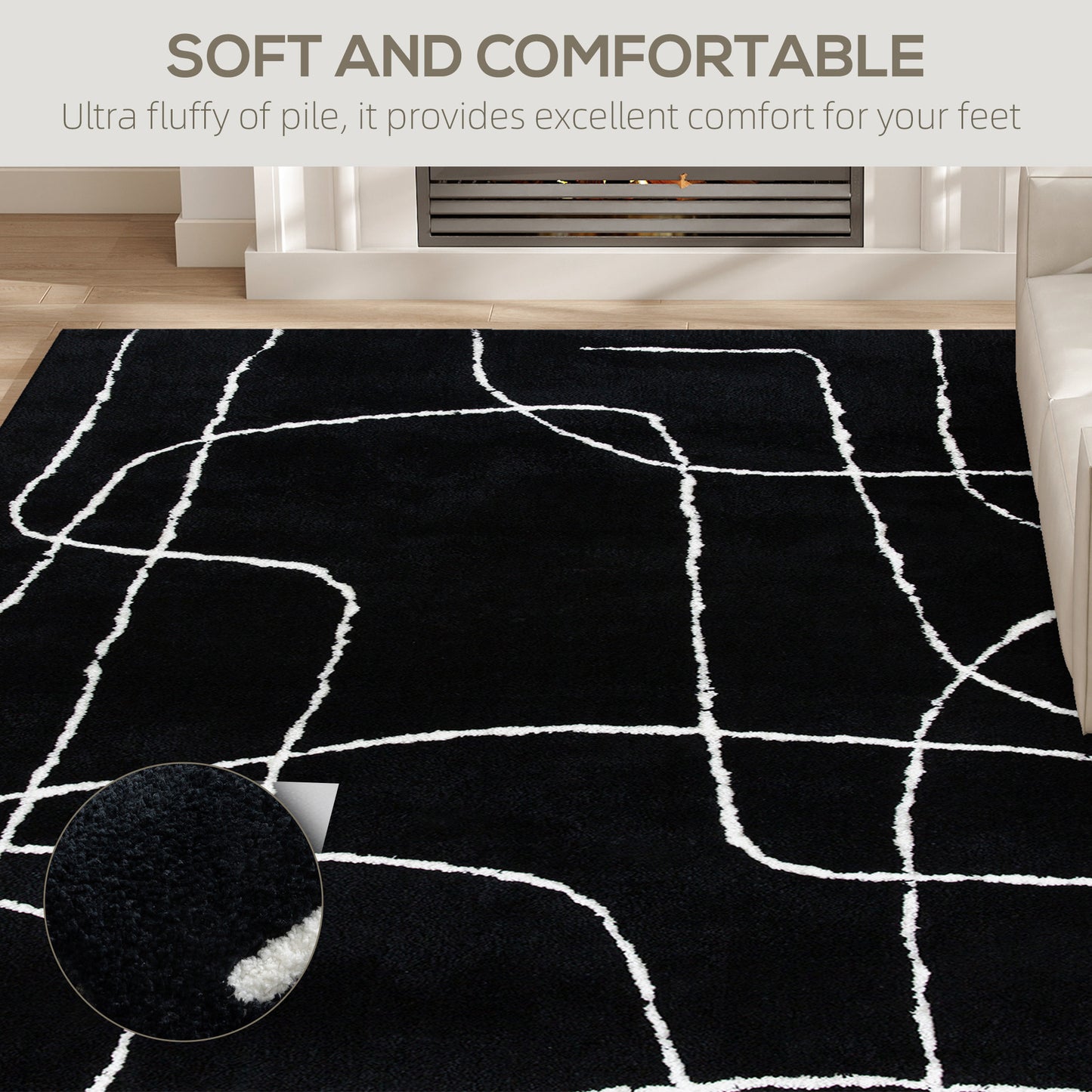 HOMCOM Fluffy Area Rug, Geometric Washable, Soft High Pile Carpet for Living Room, Bedroom, Dining, Office, 170 x 120 cm, Black