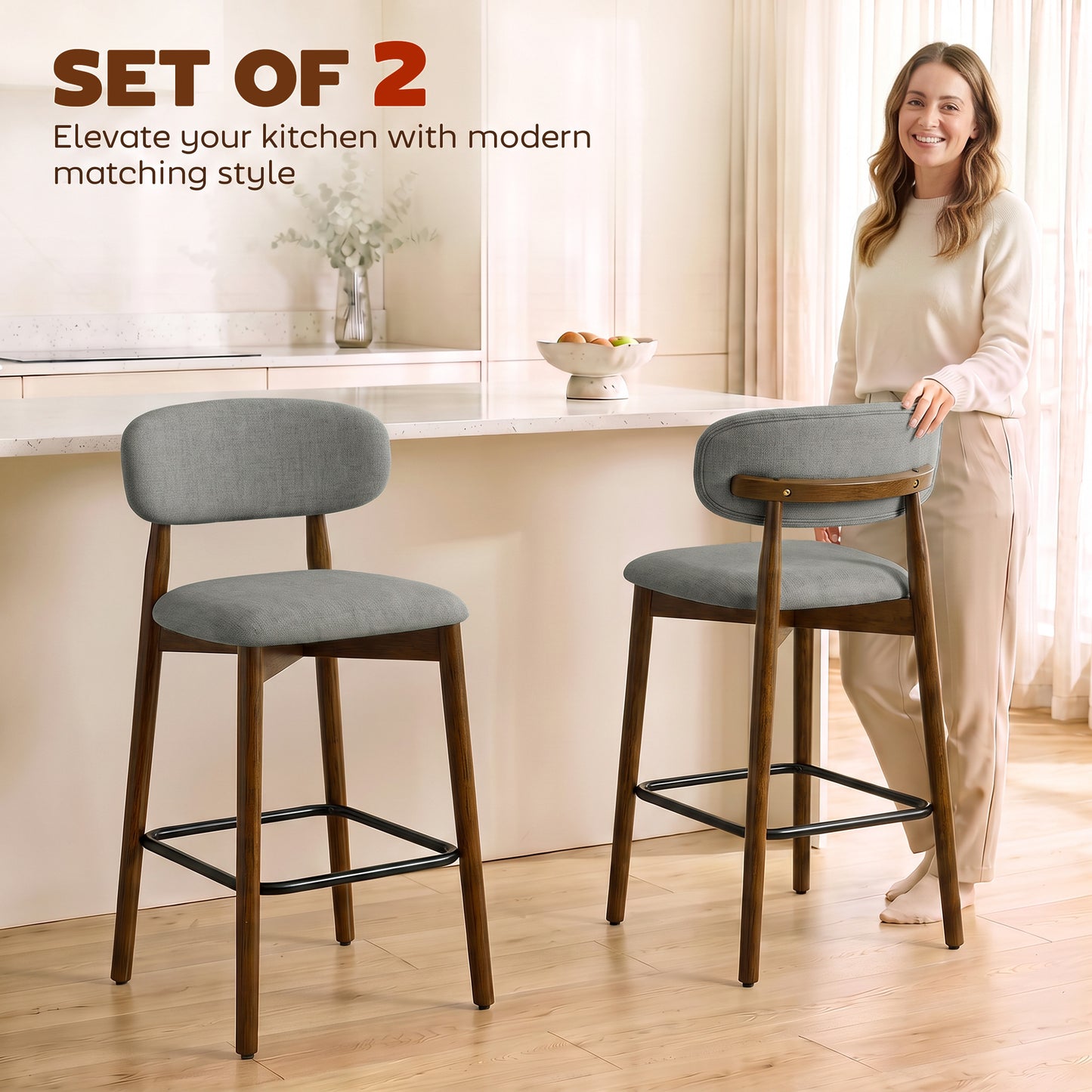 HOMCOM Bar Stools Curved Open Back Padded Seat Footrest Set of 2 for Kitchen Grey