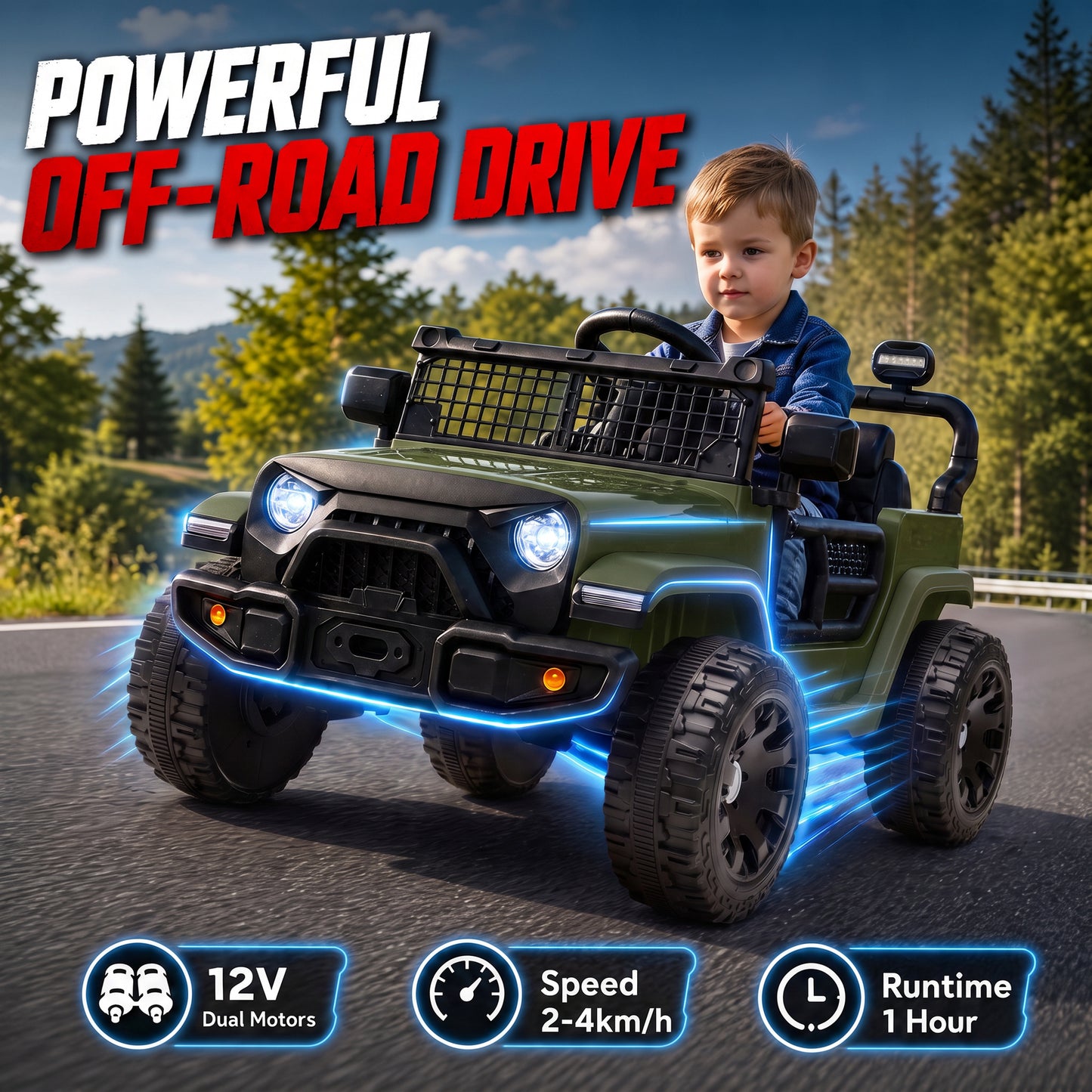 AIYAPLAY 12V Electric Car for Kids with Remote, Dual Motors, Rear Suspension, Soft Start, Music, Lights for 3-8 Years, Dark Green