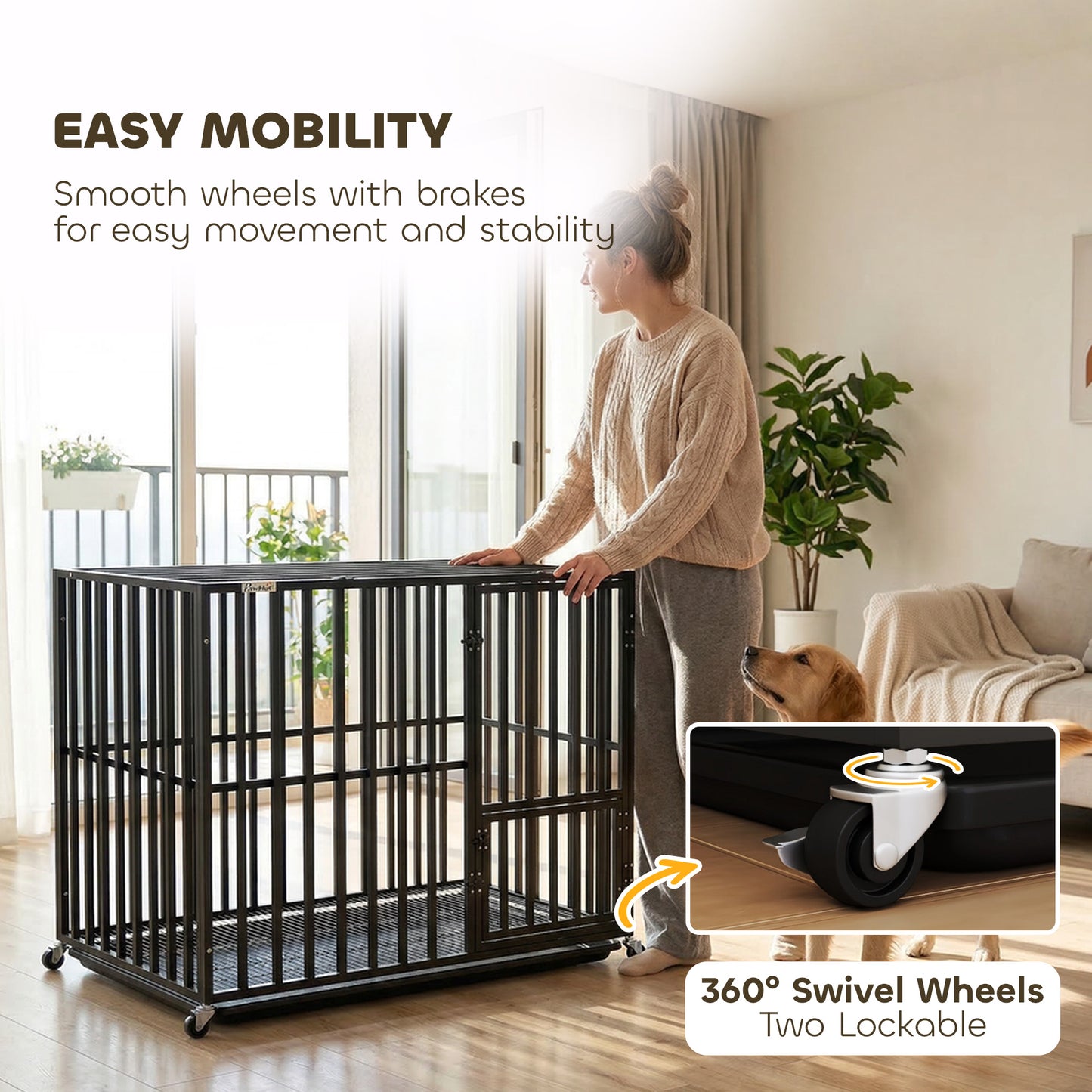 PawHut Heavy Duty Dog Crate, Dog Cage with Wheels for Extra Large Breeds, Metal Pet Kennel with Removable Tray