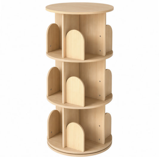 AIYAPLAY 3-Tier Rotating Bookcase, Round Kids Bookshelf Floor Standing 360° Rotating for Bedroom, Kids Room and Playroom, Natural