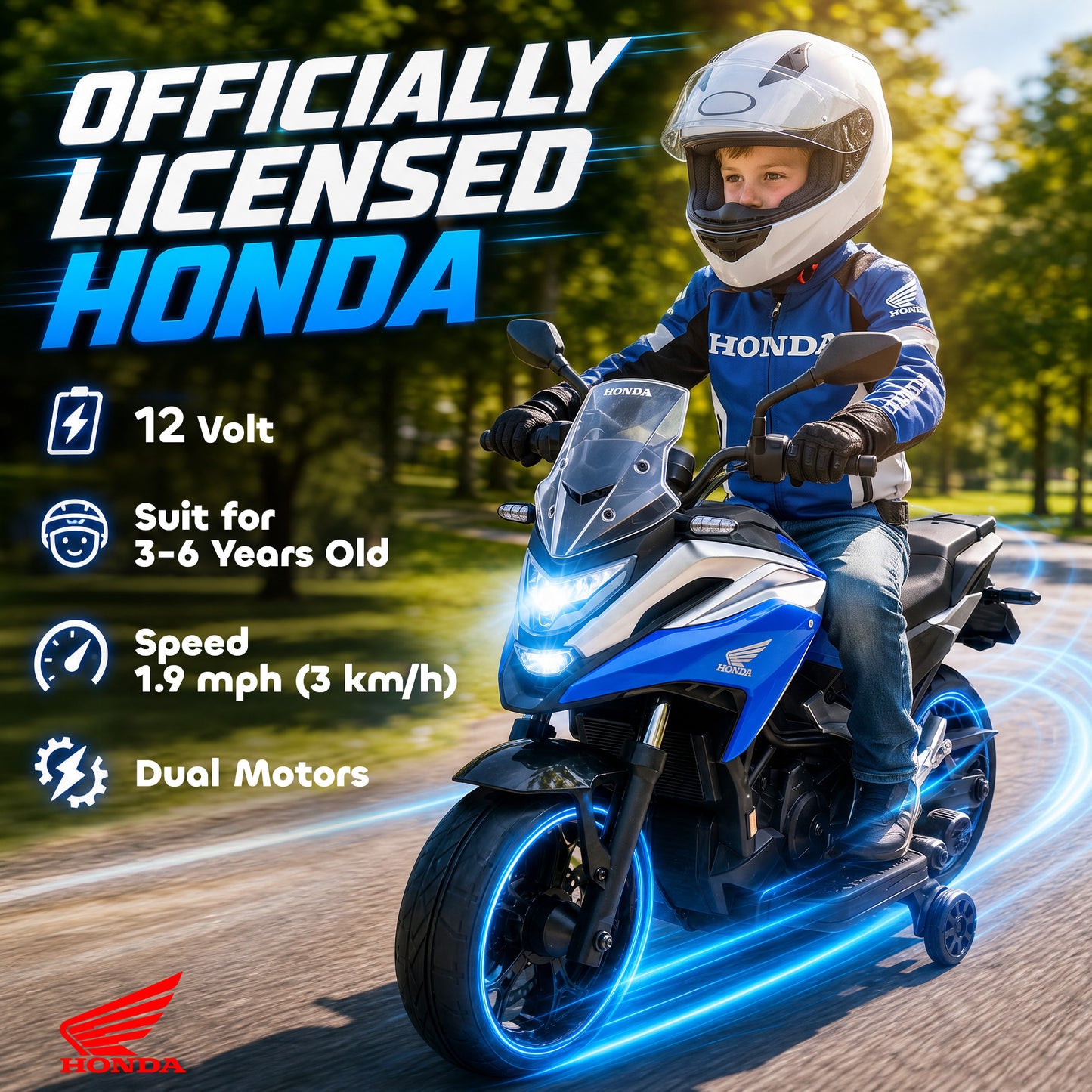 AIYAPLAY Licensed Honda 12V Kids Electric Motorbike with Training Wheels, Soft Start, Headlights, Music for 3-6 Years, Blue