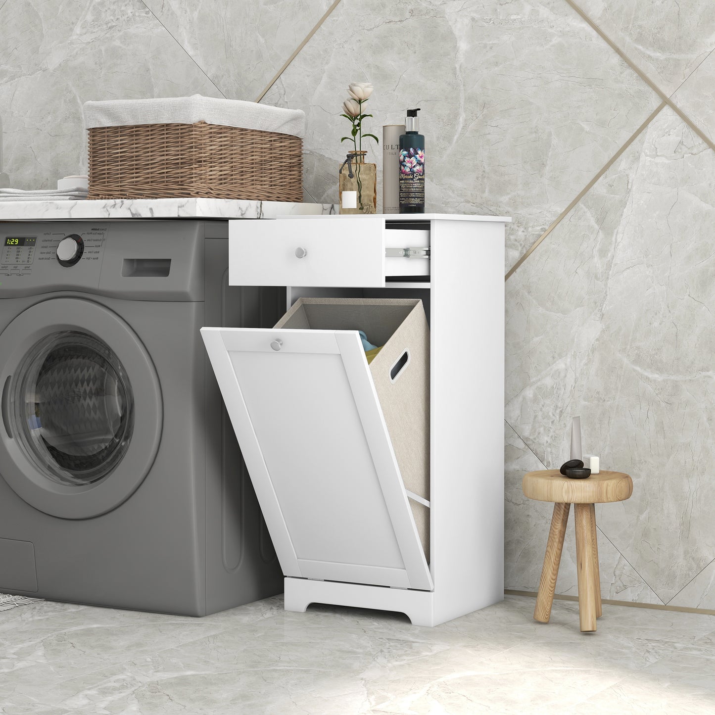 HOMCOM Bathroom Cabinet with Laundry Basket, Storage Unit with Drawer, White
