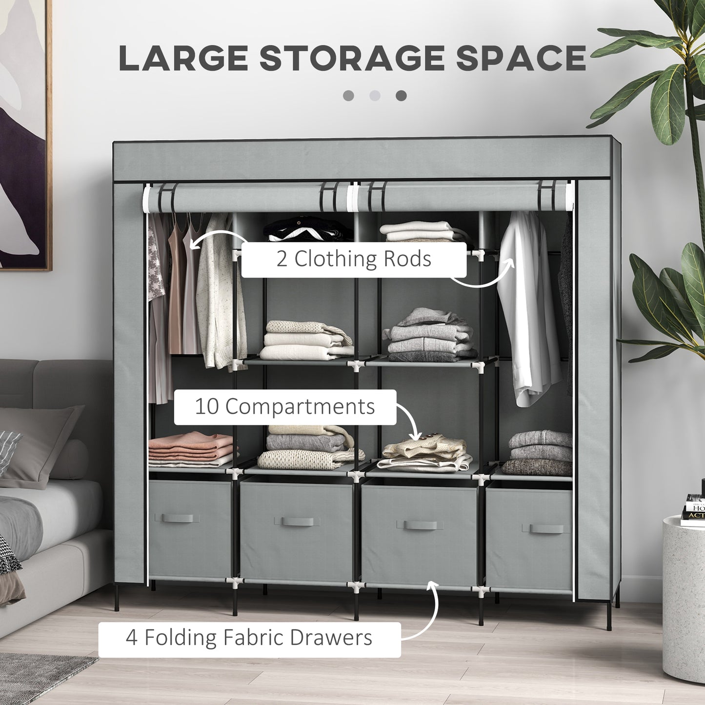 HOMCOM Fabric Wardrobe, Portable with 10 Compartments, 2 Hanging Rails & 4 Fabric Drawers, 166x42.5x169.5cm, Dark Grey