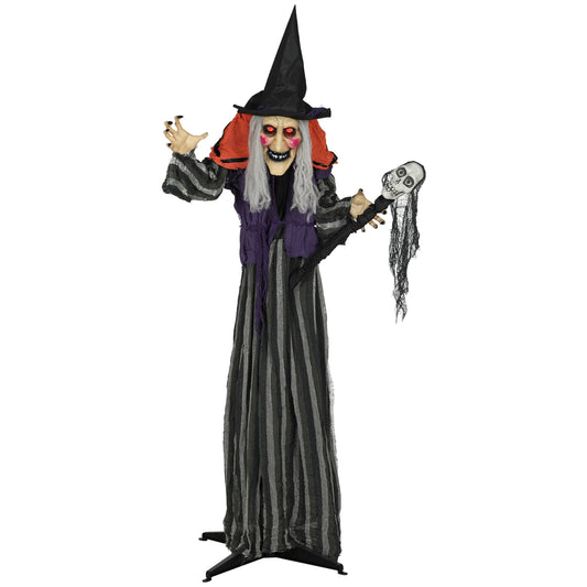 Outsunny Halloween Animated Witch with Skull Staff & Glowing LED Eyes, Battery Operated Indoor Party Prop, 160 cm, Spooky Decor, Black
