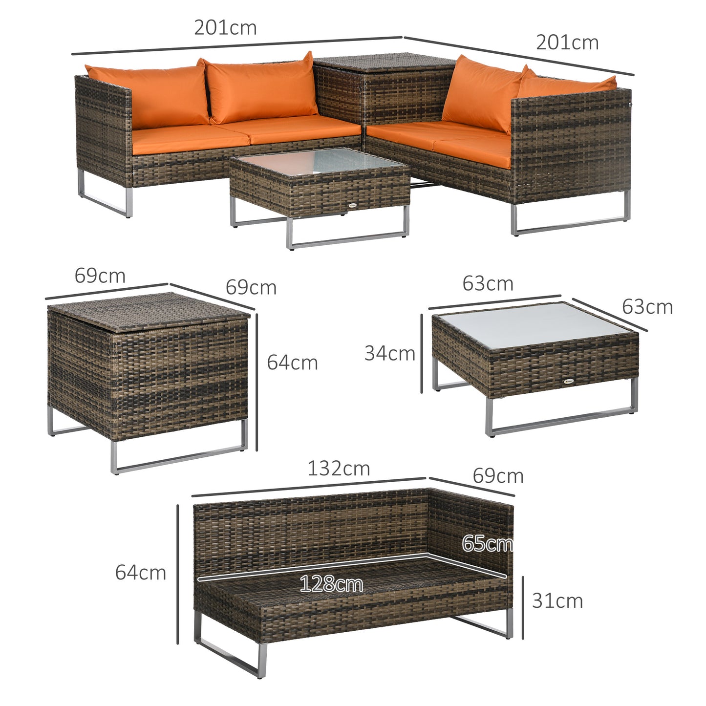 Outsunny 4-Piece Rattan Wicker Sofa and Table Set - Orange