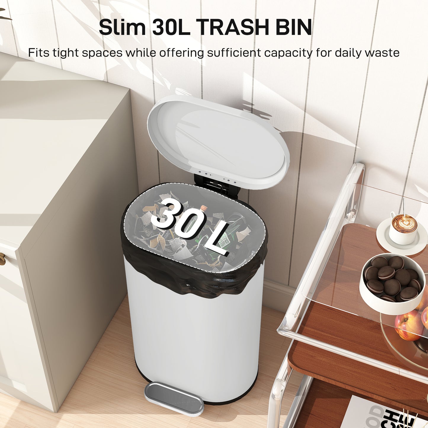 HOMCOM 30L Kitchen Bin, Slim Rectangular Pedal with 90° Stay-Open and Soft-Close Lid, Removable Inner Bucket, Fingerprint-Resistant, Cream.