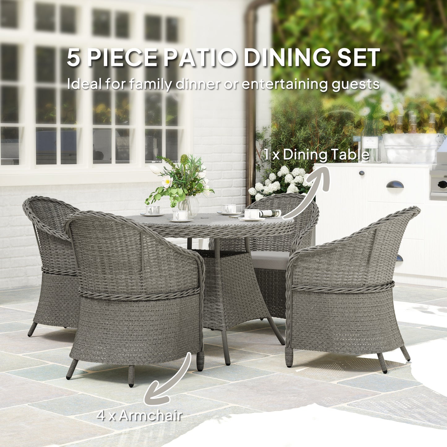 Outsunny 4-Seater Rattan Garden Furniture Set, Glass-Top Table & Cushions, Umbrella Hole, Outdoor Dining, Grey