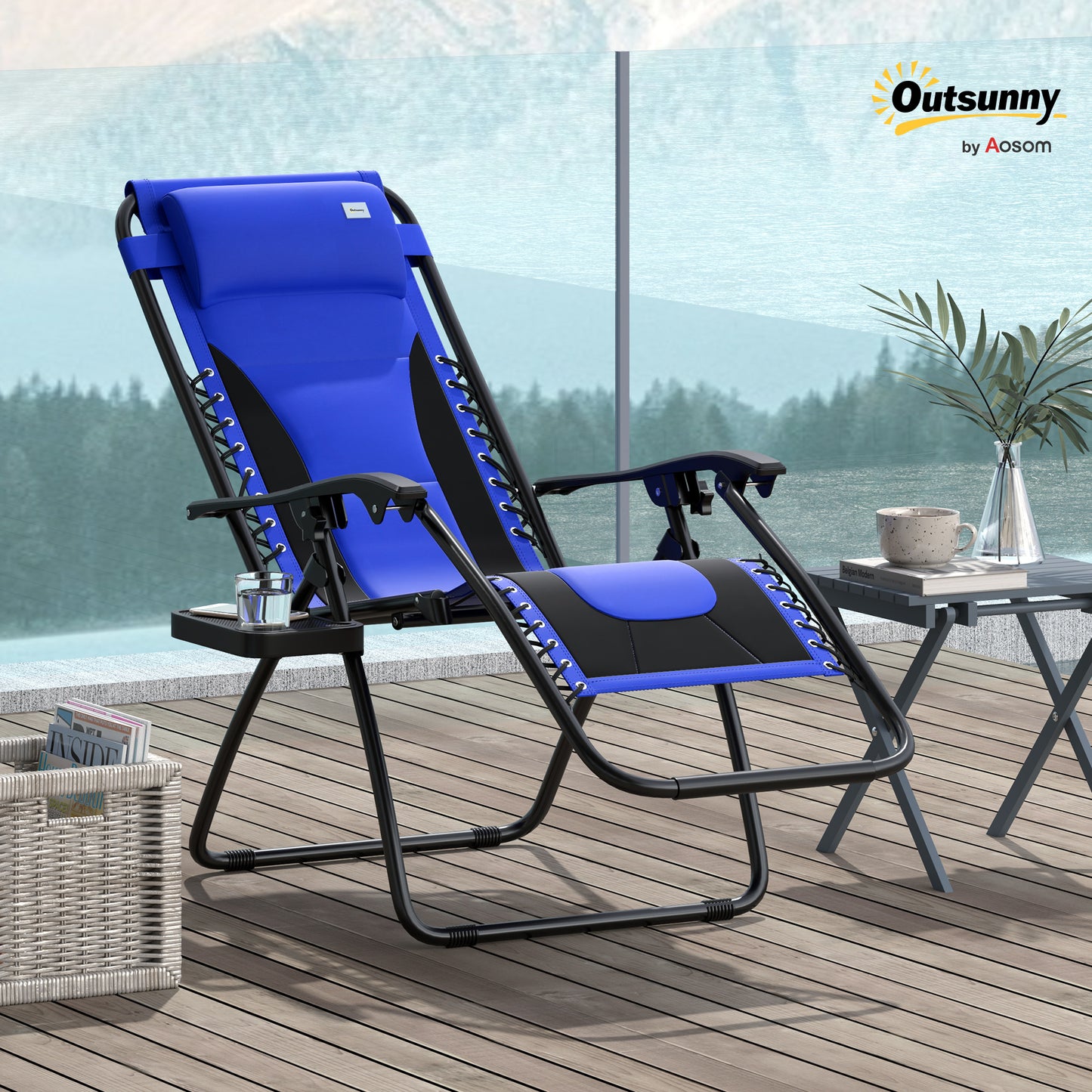 Outsunny Zero Gravity Lounger Chair, Folding Recliner with Padded Seat, Cup Holder, Cushion & Headrest for Poolside/Camping, Blue