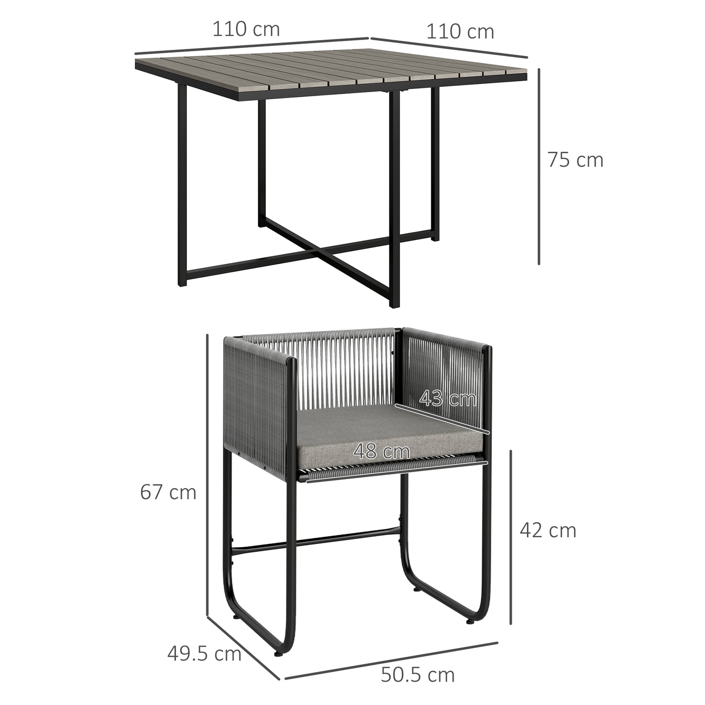 Outsunny 4 Seater Rattan Cube Dining Set with Cushions, Outdoor Table and Chairs, Wood Grain Top for Patio, Balcony, Grey