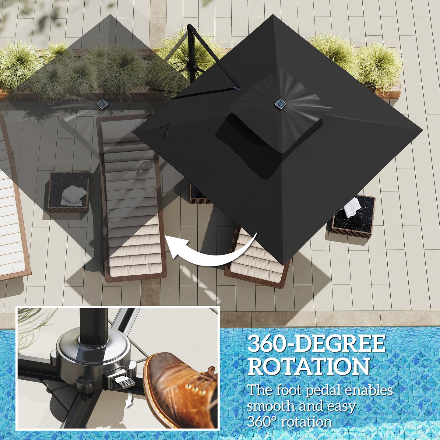 Outsunny Garden Cantilever Parasol, 3.5x3m, Solar LED Lights, UPF50+ Patio Umbrella with Cross Base, Crank Handle & Tilt, Black