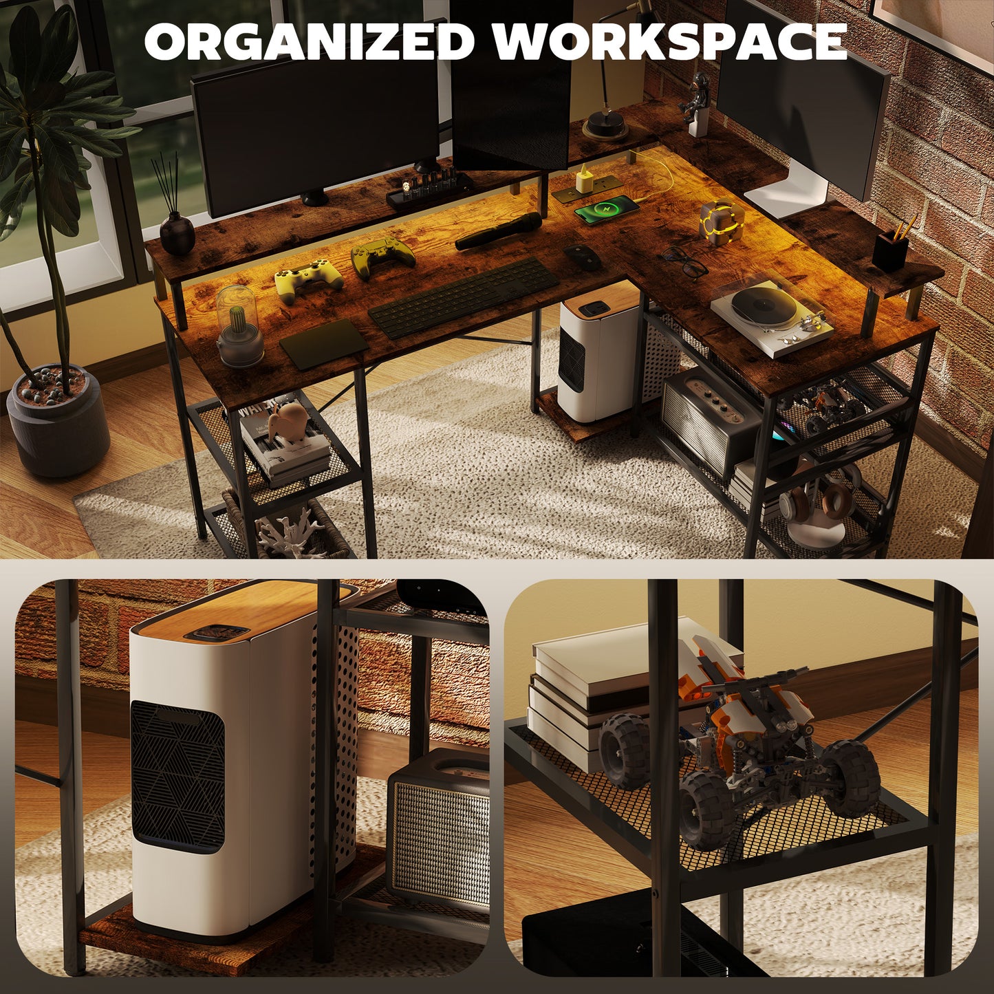 HOMCOM L Shaped Gaming Desk with LED Lights and Power Outlets, Rustic Brown