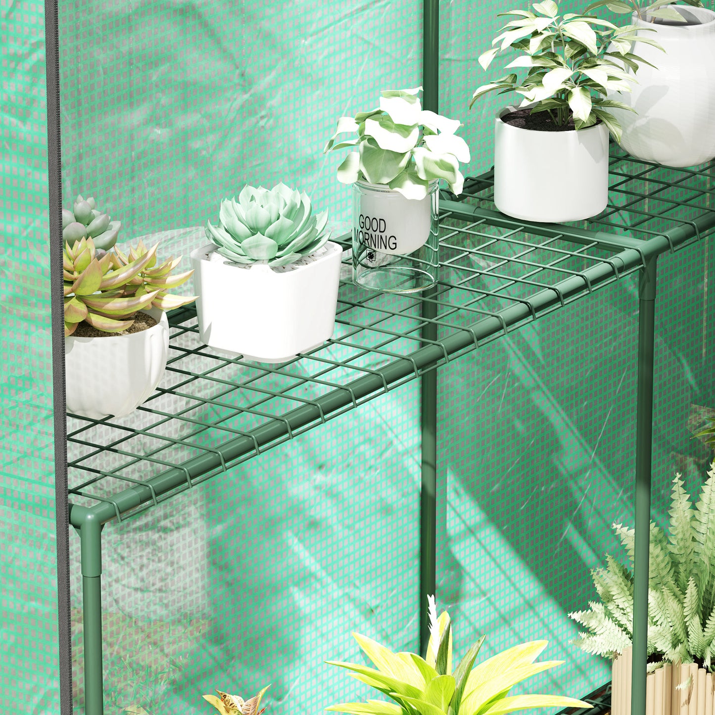 Outsunny Walk-in Greenhouse, 2 Tier 4 Shelves, Reinforced PE Cover, Roll-up Door, 120x186x190 cm, Green