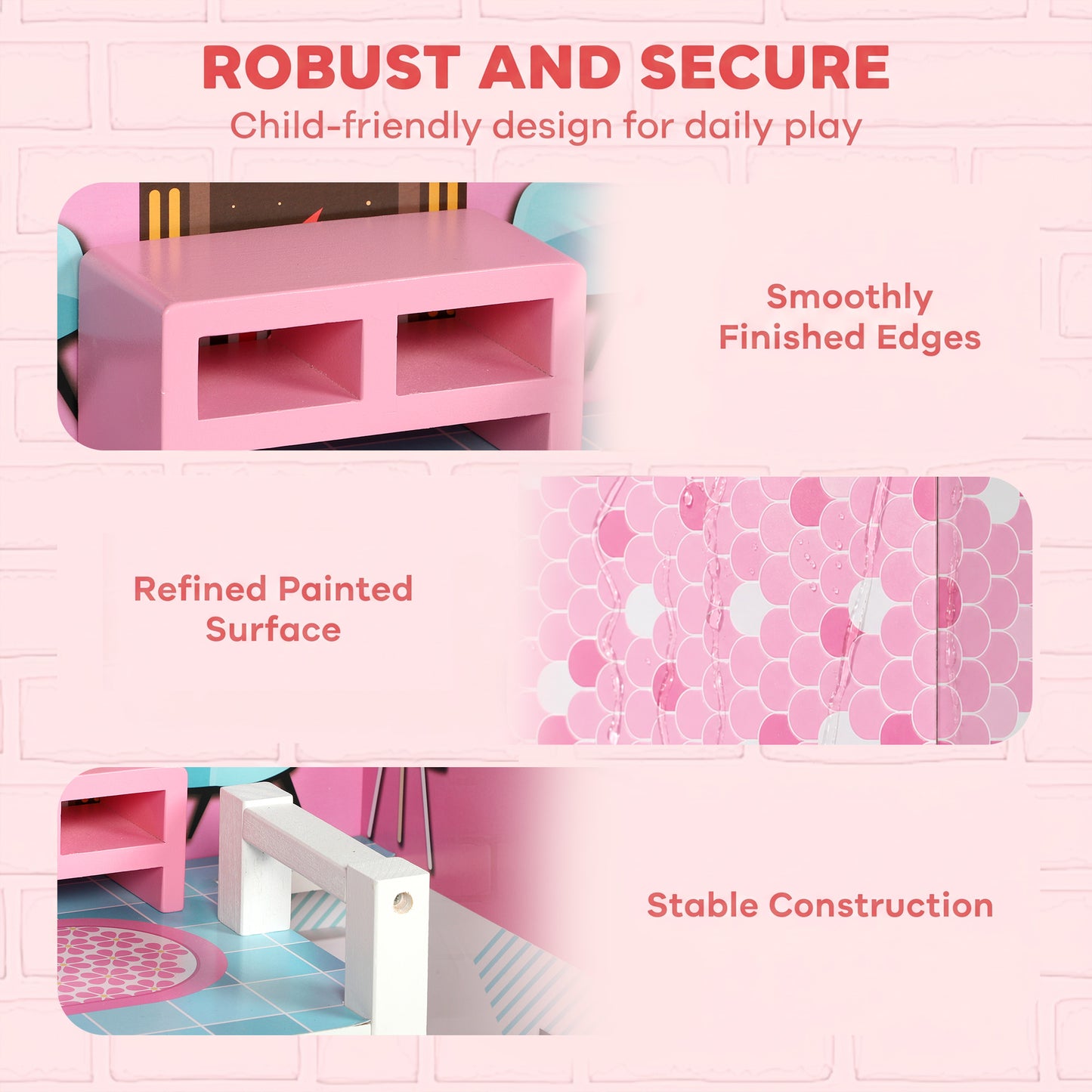 AIYAPLAY Wooden Dolls House, Large 3-Storey Modern Dollhouse with 10 Accessories, Pretend Play Toy Gift for Ages 3-6 Years, Pink
