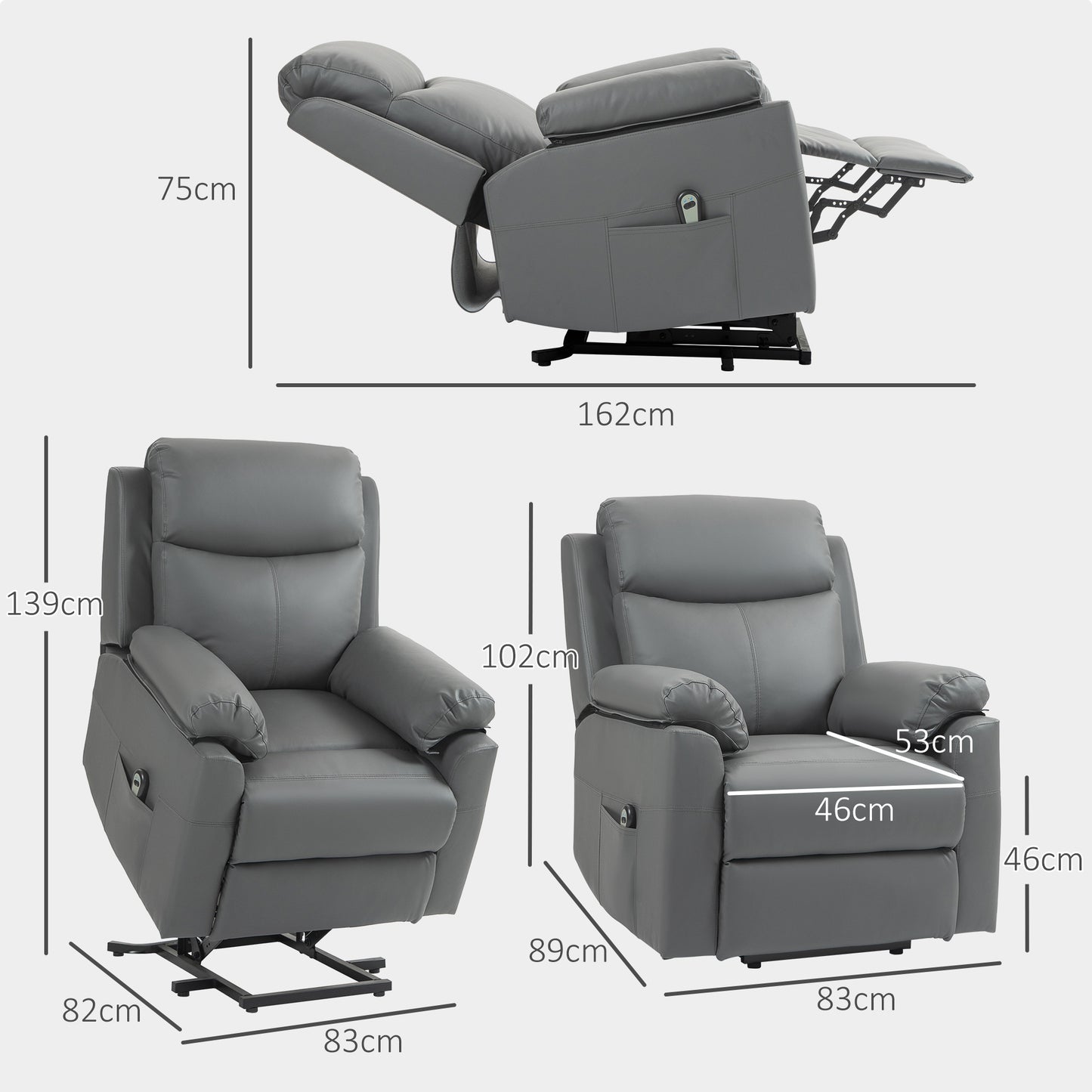 HOMCOM Faux Leather 70° Electric Riser Recliner Chair - Grey