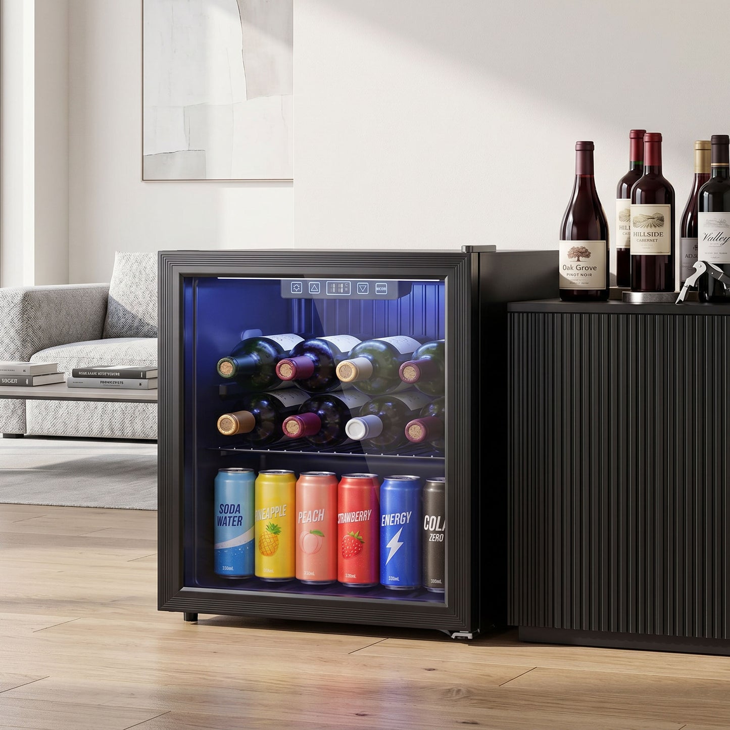 HOMCOM 50L Drinks Fridge, 48 Can Under Counter Freestanding Beer Fridge with Double-Layer Glass Door, Wine Cooler with LED Light, Adjustable Shelf, Beverage Cooler for Soda Beer, Home Office
