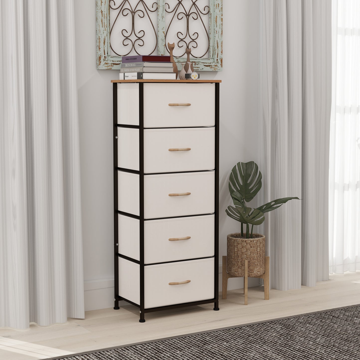HOMCOM Chest of Drawers, Industrial Dresser with 5 Fabric Drawers, Steel Frame & Wooden Top for Bedroom, Nursery, Hallway, Cream White