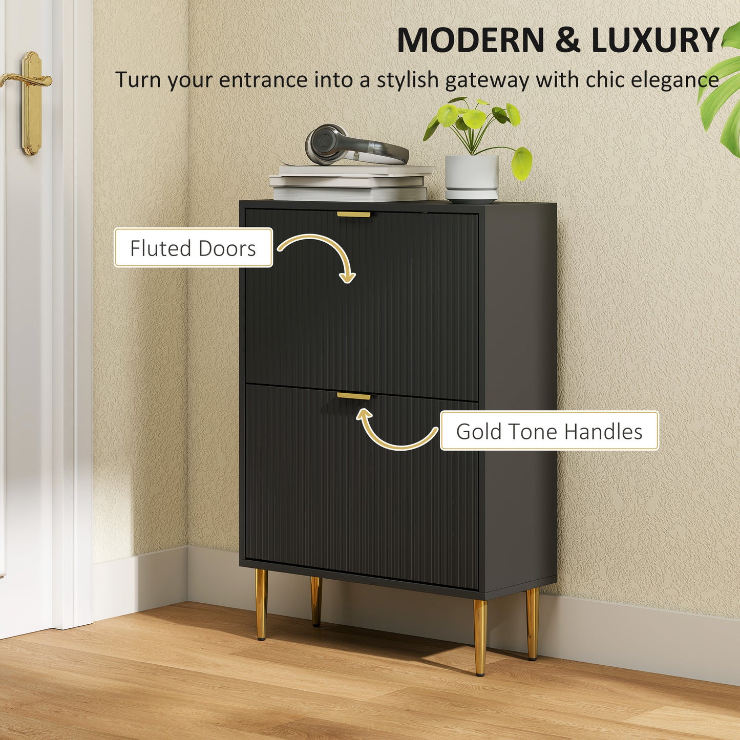 HOMCOM Narrow Shoe Cabinet with 2 Flip Drawers - Black