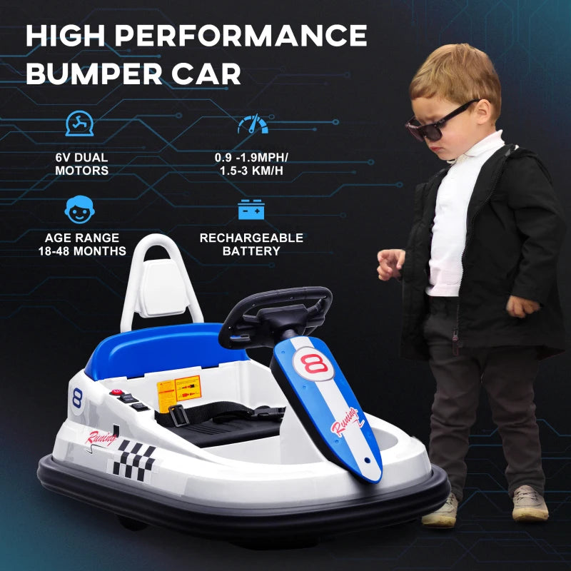HOMCOM 6V Electric Kids Bumper Car, 6V Spin Waltz Car, with Music, Horn, Lights - White