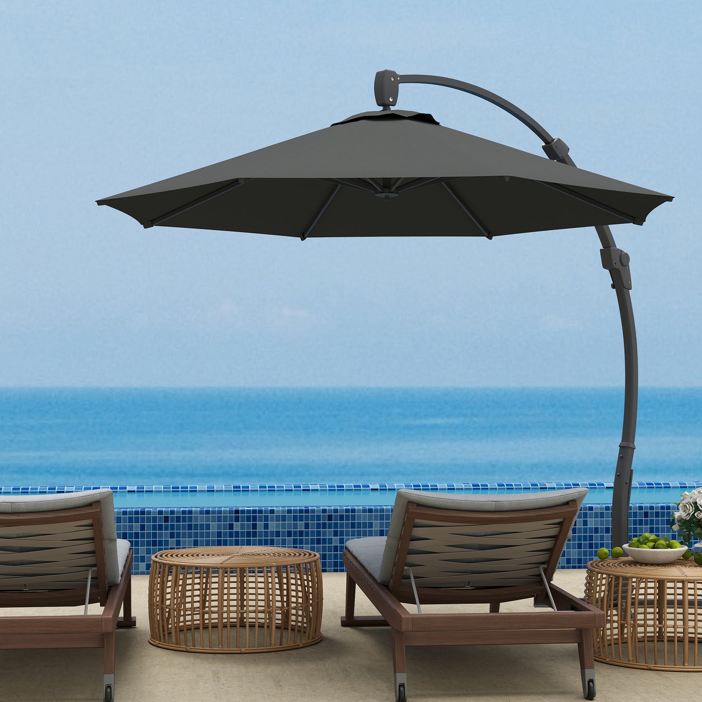 Outsunny Garden Cantilever Parasol, Round Umbrella with Crank, Cross Base, Aluminium Frame, 360° Rotation for Outdoor Sun Shade, Grey