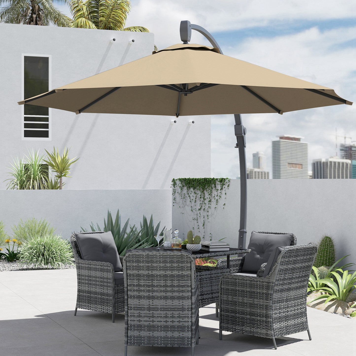 Outsunny Garden Cantilever Parasol, Round Umbrella, Crank Handle, Cross Base, 360° Rotation, Aluminium Frame, Banana Patio Sun Shade, Khaki