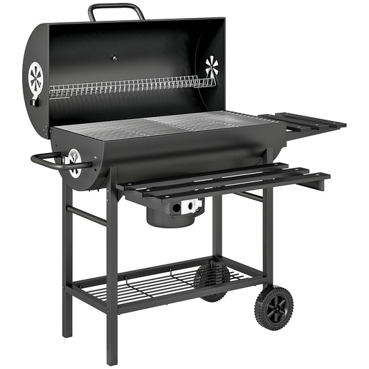 Outsunny Charcoal BBQ Grill with Foldable Shelf, Smoker with Warming Rack, Bottom Shelf, Lid, Temp Gauge, Wheels, Black