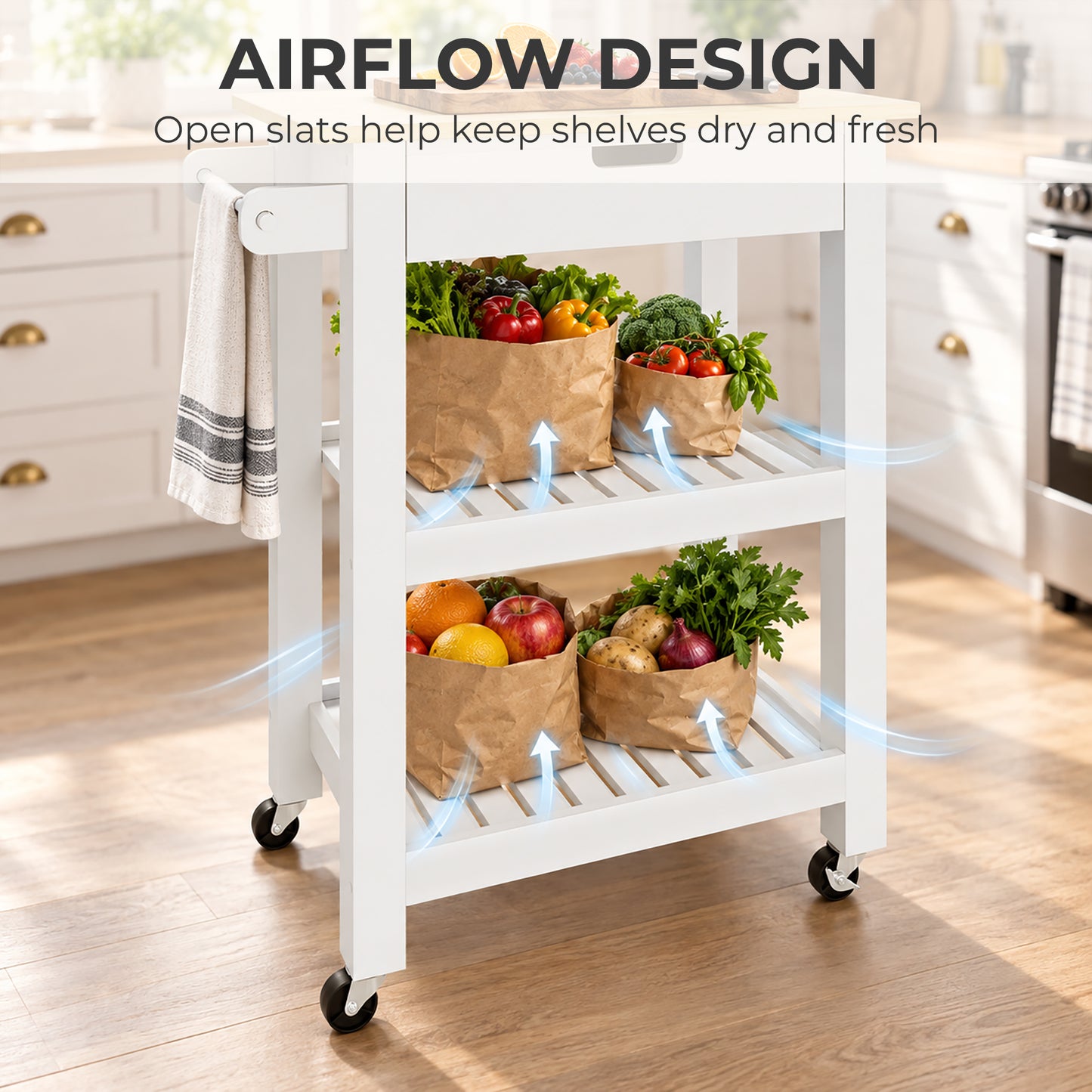 HOMCOM Kitchen Trolley Utility Cart on Wheels with Rubberwood Worktop, Towel Rack, Storage Shelves & Drawer for Dining Room