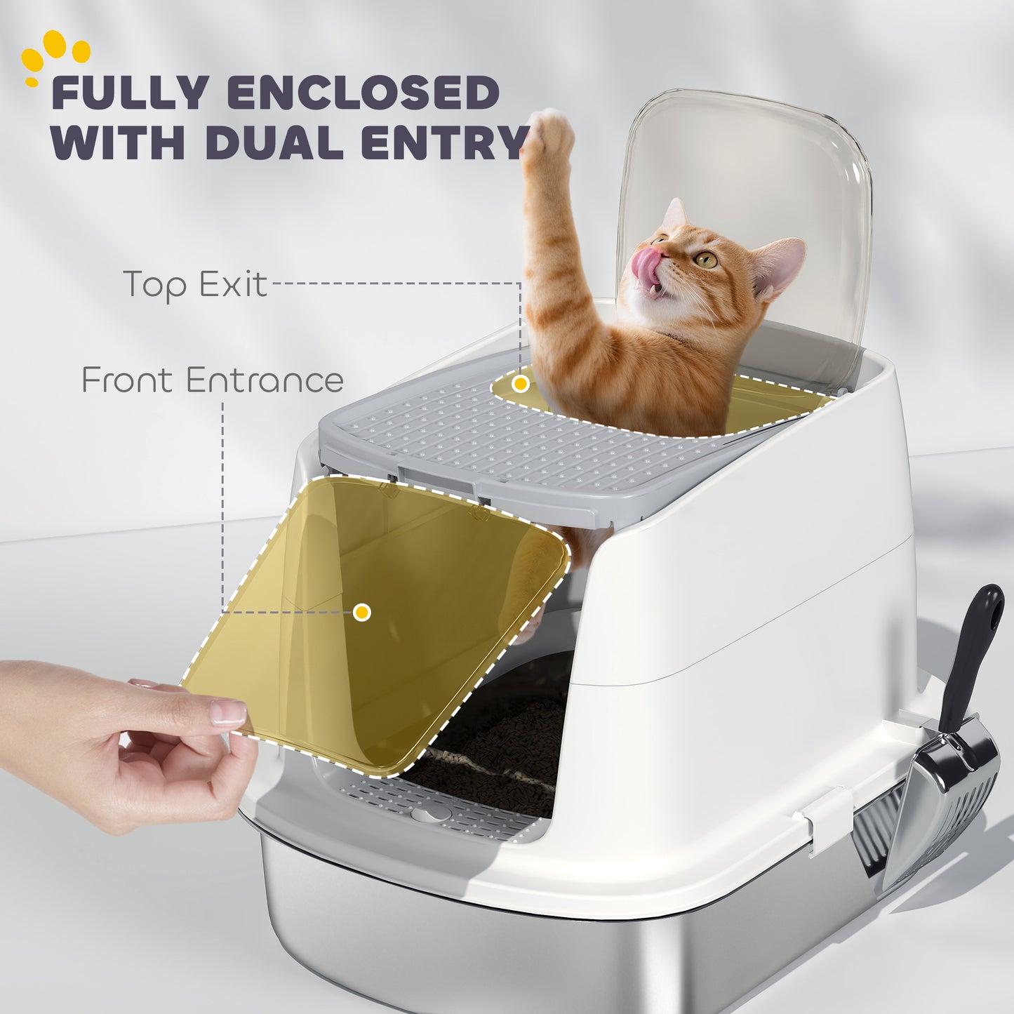 PawHut Large Stainless Steel Litter Box, Enclosed Metal Cat Litter Tray with Scoop, Deodoriser Bag, Front-Entry and Top-Exit
