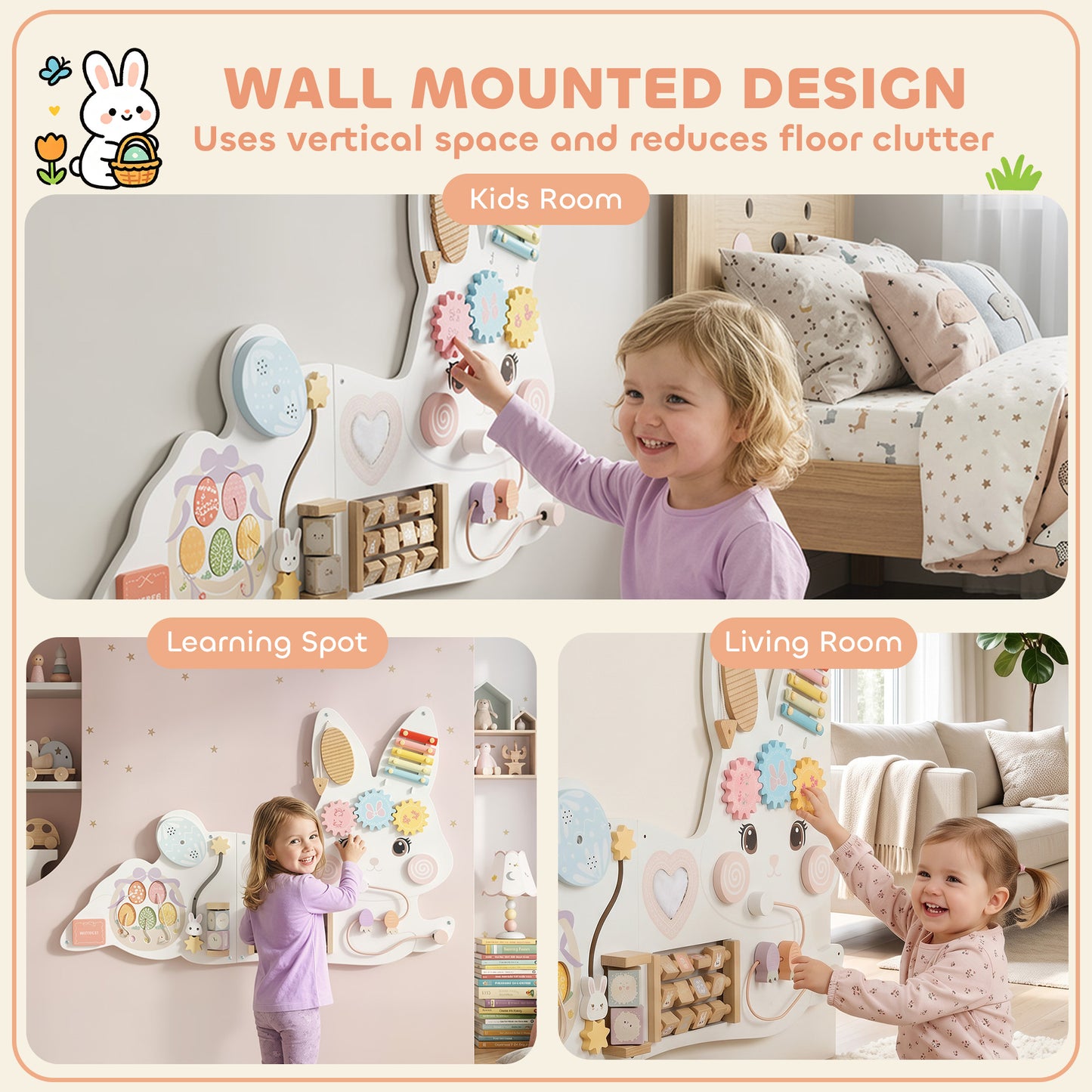 AIYAPLAY Easter Bunny Busy Board Panels, Montessori Wall-Mounted Toddler Learning Activity Centre for Living Room Kids Room White