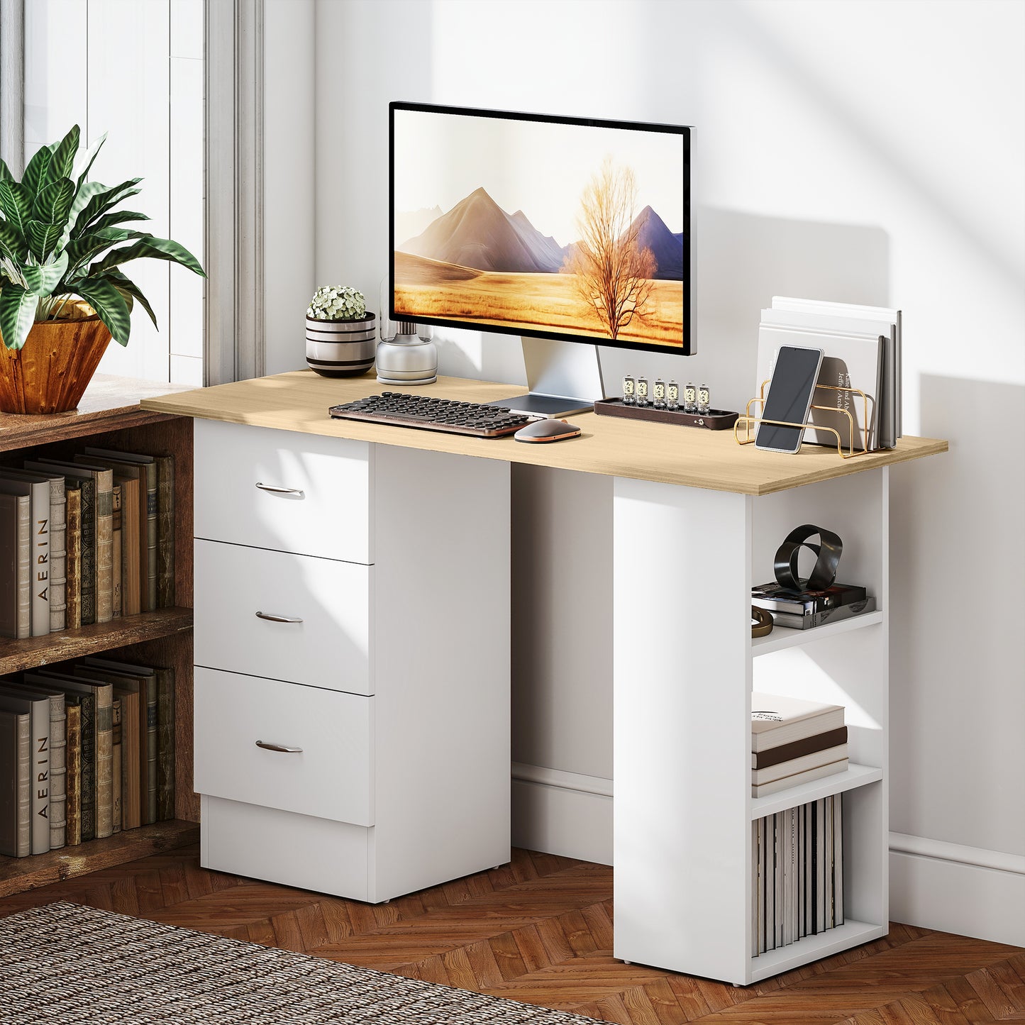HOMCOM Computer Desk, Writing Table with 3 Shelves & Drawers, Silver Handle, for Home Office, Natural Wood & White Finish