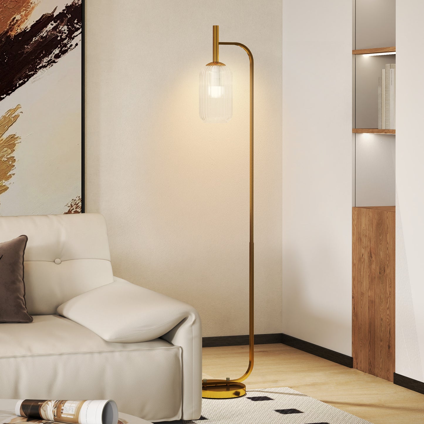 HOMCOM LED Floor Lamp with Glass Shade, Modern Standing Lamp with Foot Switch, Adjustable Brightness 2700K for Bedroom, Gold Tone