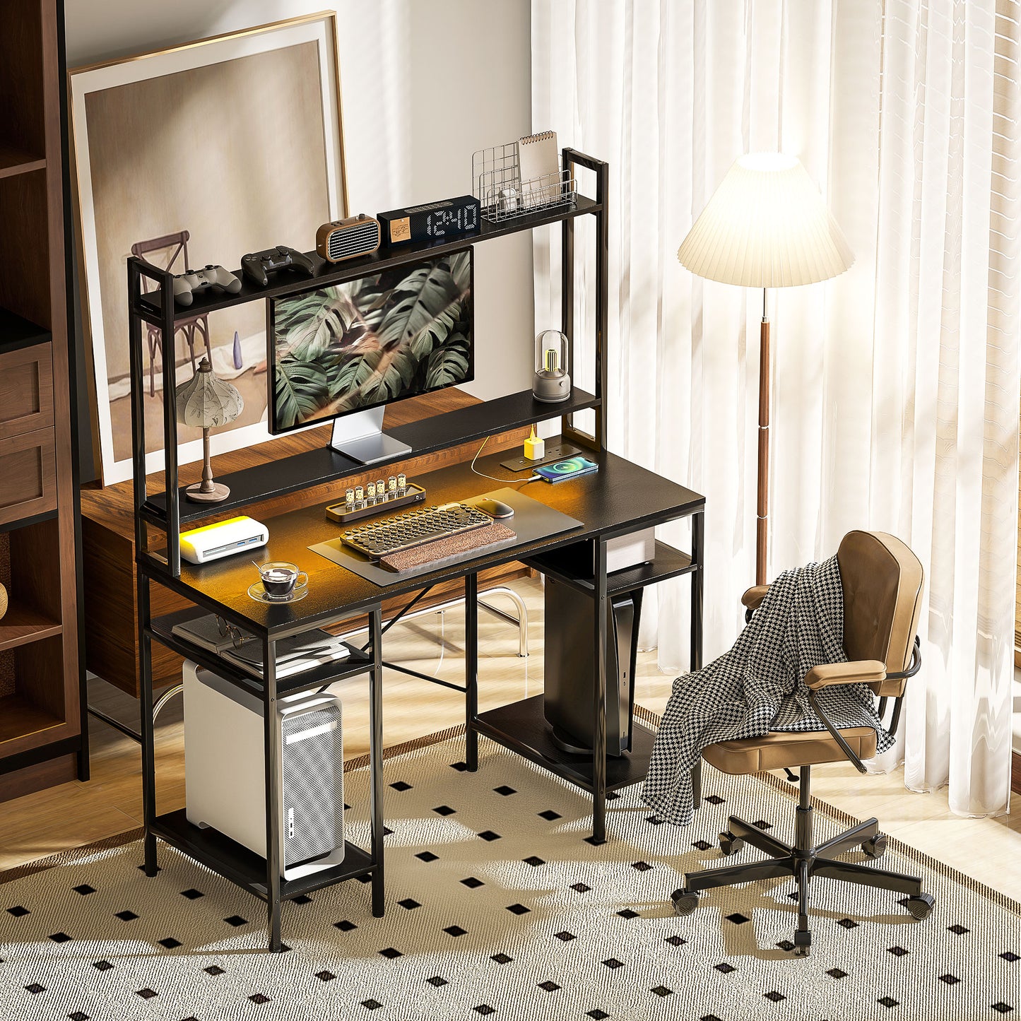 HOMCOM Computer Desk with Power Outlets & LED, Home Office Desk with Monitor Stand & 2 CPU Stands, Hutch Gaming Desk, Black