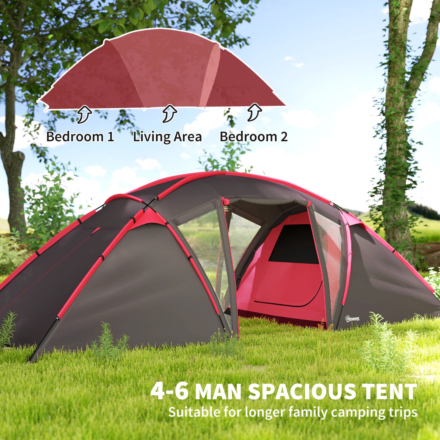 Outsunny 4-6 Man Family Camping Tent w/ 2 Bedrooms and a Living Room, Waterproof Tunnel Tent w/ Sewn In Groundsheet, Doors, Windows, Carry Bag, Grey