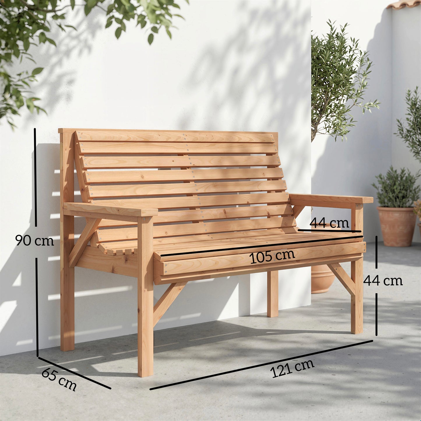 Outsunny 2 Seater Wooden Garden Bench, Slatted Patio Bench with Armrest and Backrest, Outdoor Furniture for Indoor