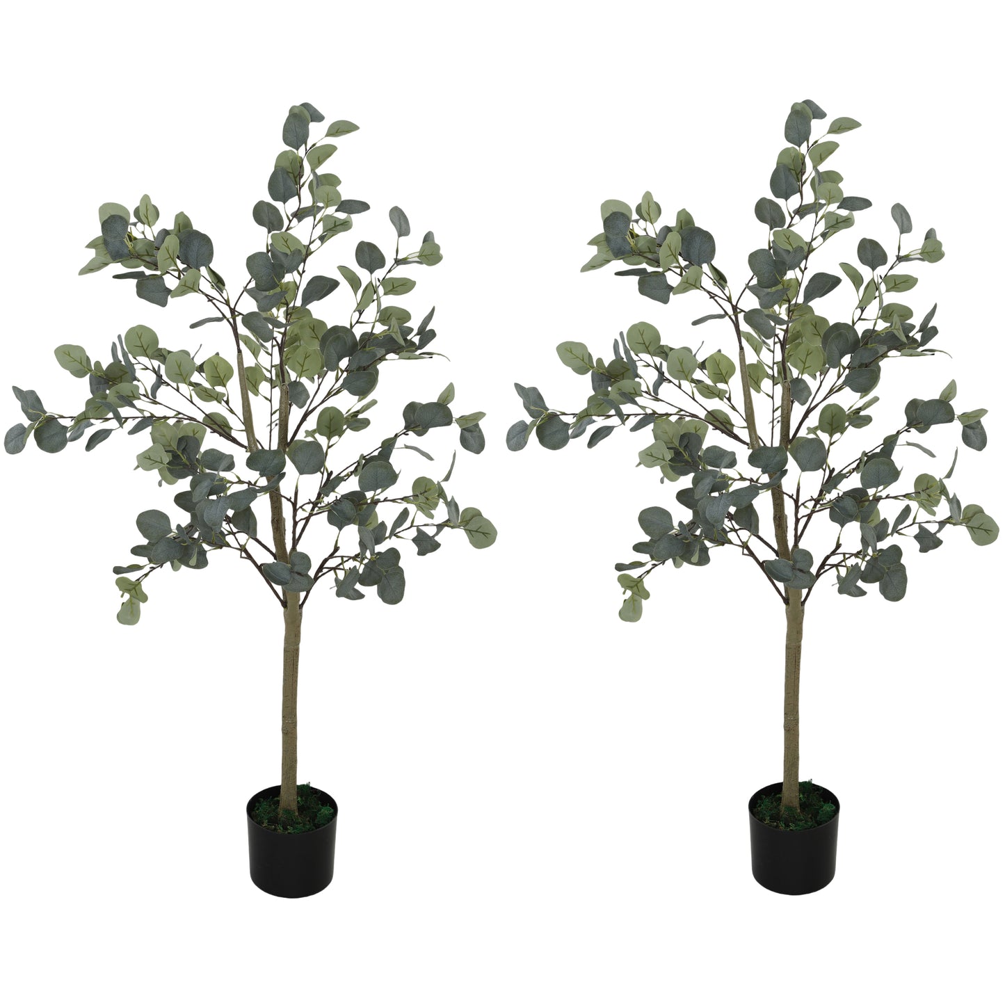 HOMCOM Set of 2 Decorative 4ft Artificial Silk Eucalyptus Trees with 230 Leaves in Pot, Fake Plants for Indoor Decor, Home, Office - Silver Dollar Leaves