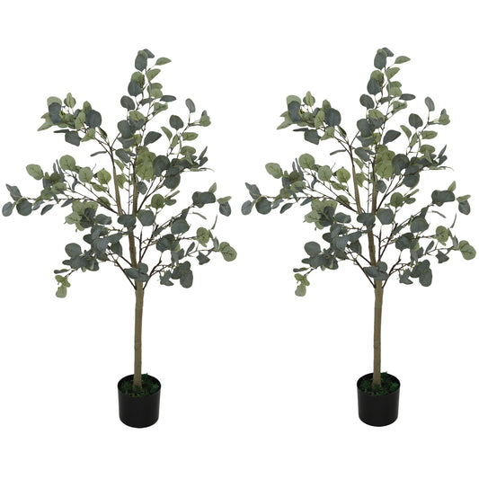 HOMCOM Set of 2 Decorative 4ft Artificial Silk Eucalyptus Trees with 230 Leaves in Pot, Fake Plants for Indoor Decor, Home, Office - Silver Dollar Leaves