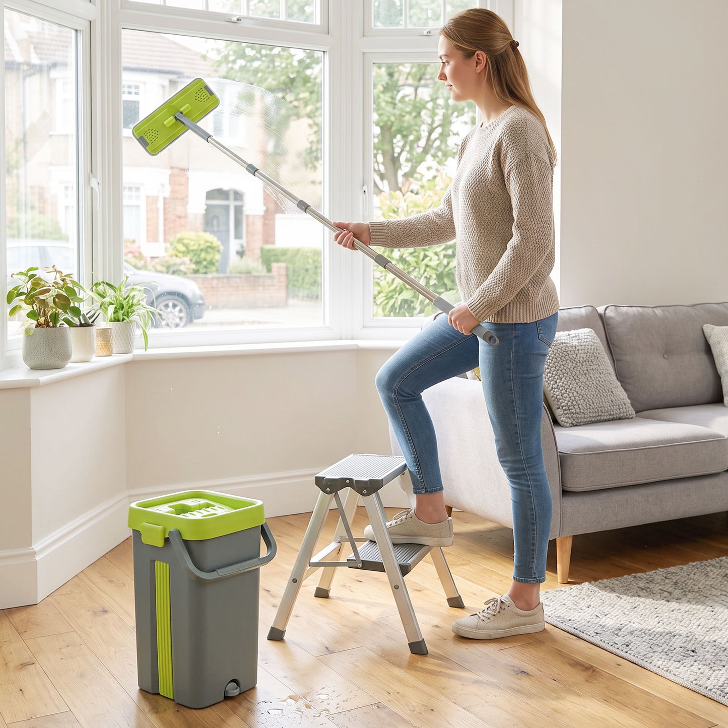HOMCOM Mop and Bucket with Wringer Set, Flat Mop and Bucket with 2 Chambers, Rotating Head, Wet and Dry Use, Dark Grey