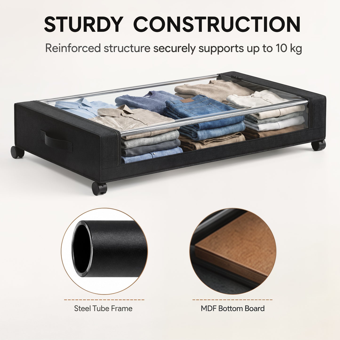 HOMCOM 40L Under Bed Storage On Wheels Pack of 2, Fabric Rolling Under Bed Drawers with Clear Lid, Zip, Steel Frame, Black