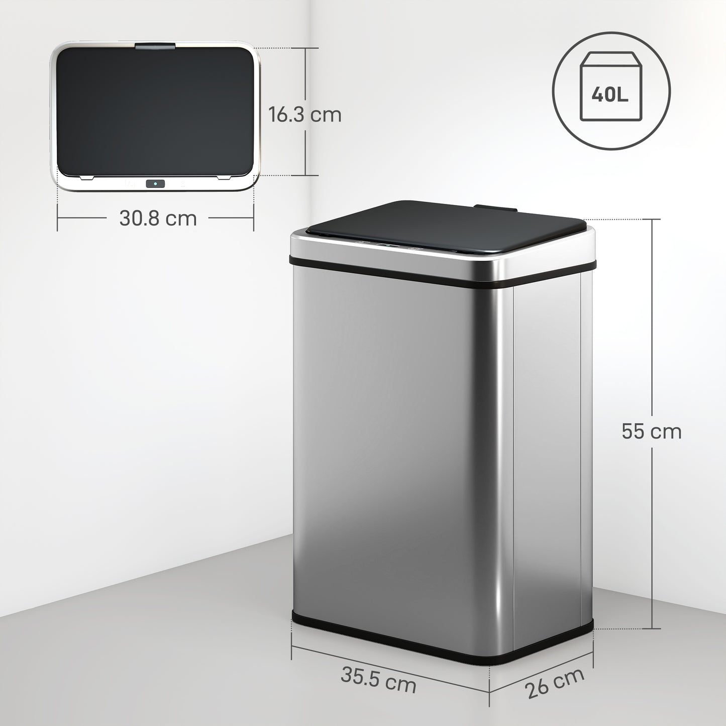 HOMCOM 40L Sensor Bin with Quiet Soft-Close Lid, Automatic Touchless Motion Sensor, Fingerprint Resistant, Silver Tone