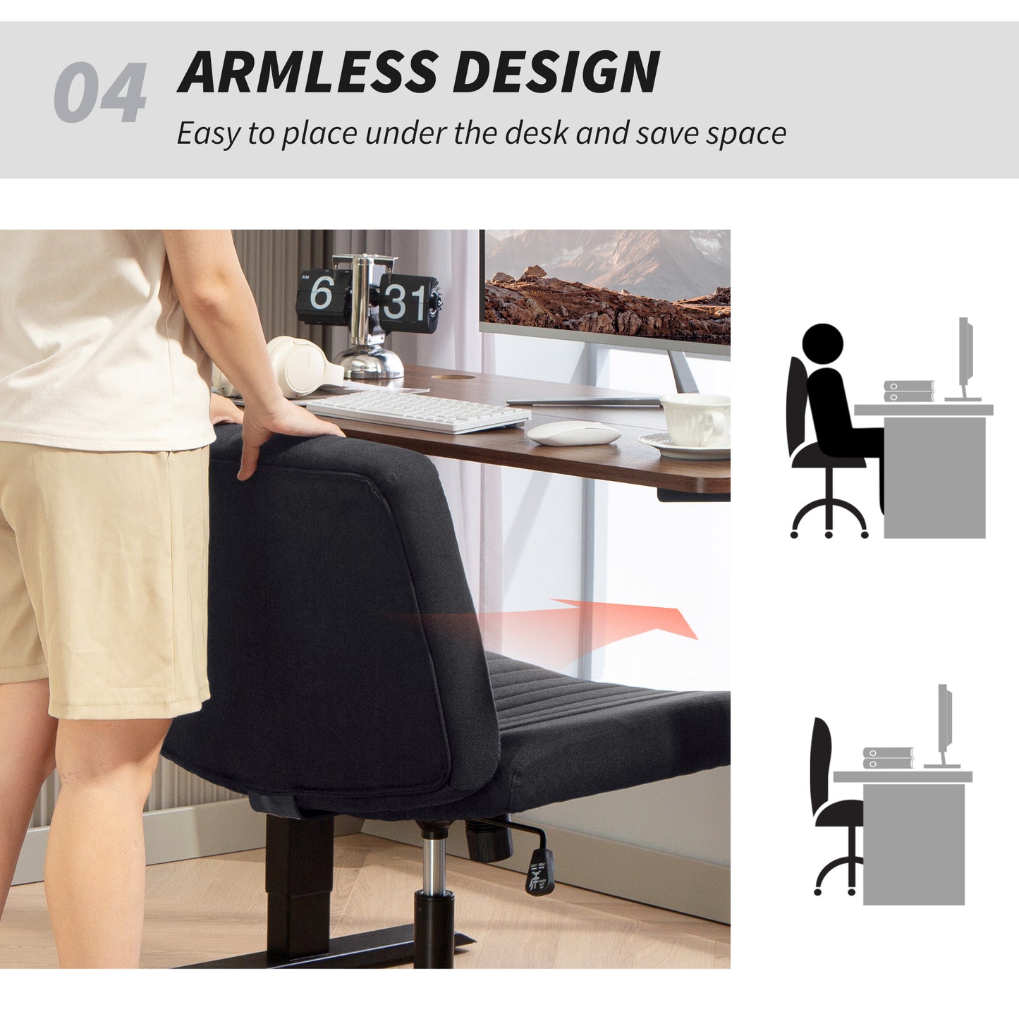 HOMCOM Armless Office Chair, Linen Fabric, Criss Cross Legs, Padded, Tilt & Height Adjustable Swivel Seat for Home Office, Black