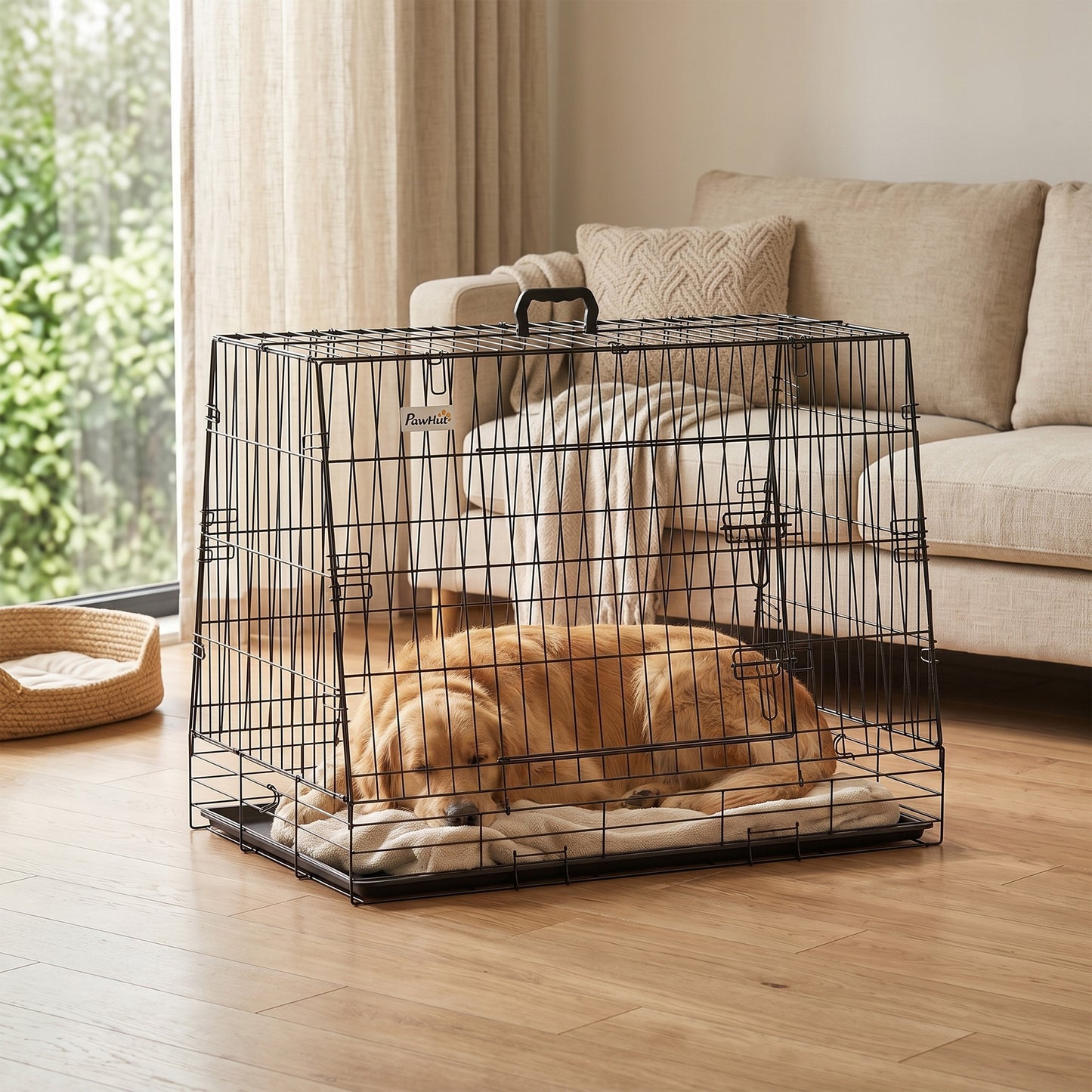 PawHut 35"(90 cm) Car Dog Crate Medium Large Collapsible Slanted Travel Dog Cage with Tray for Car Boot