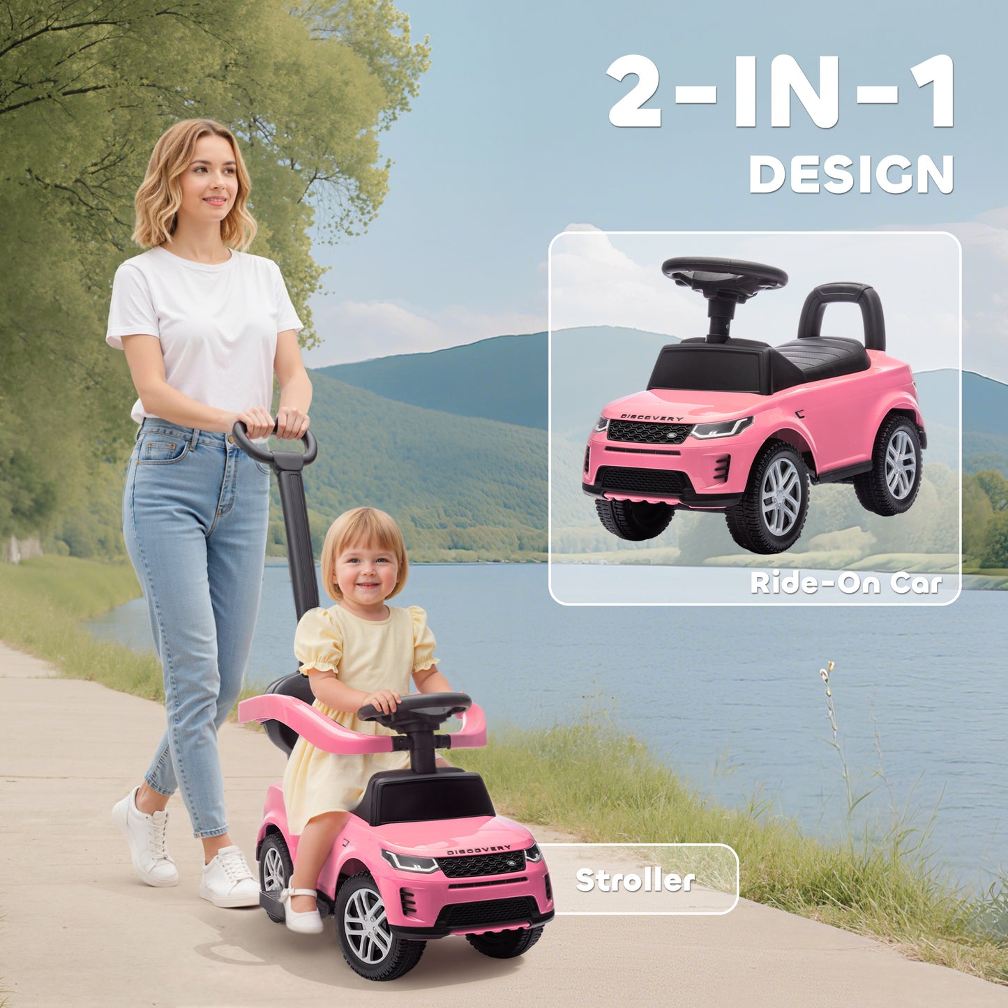 AIYAPLAY LAND ROVER DISCOVERY Licensed Baby Push Car, 2-in-1 Ride on Car with Push Handle and Safety Guardrail, Pink