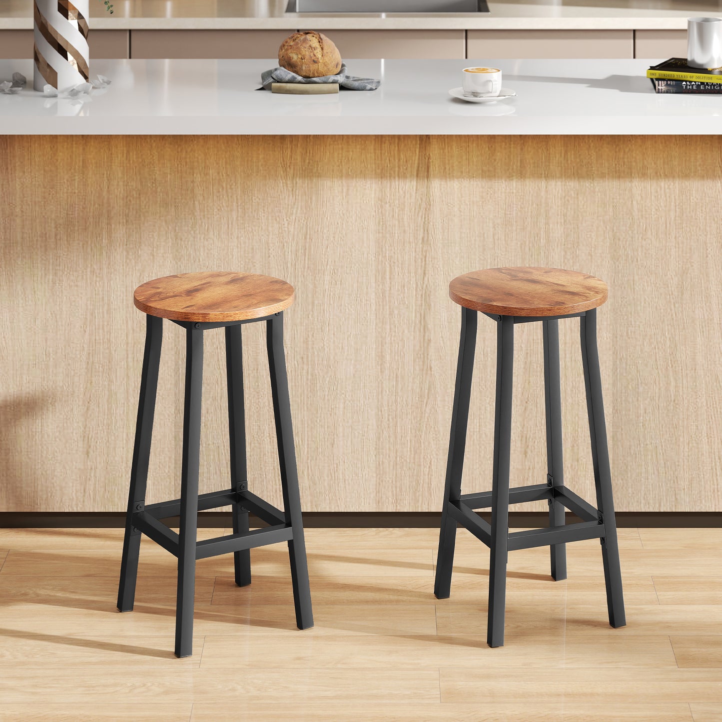 HOMCOM Bar Stools Set of 2 Breakfast Bar Stools with Footrest, Industrial Round, 32 x 32 x 65 cm, Rustic Brown