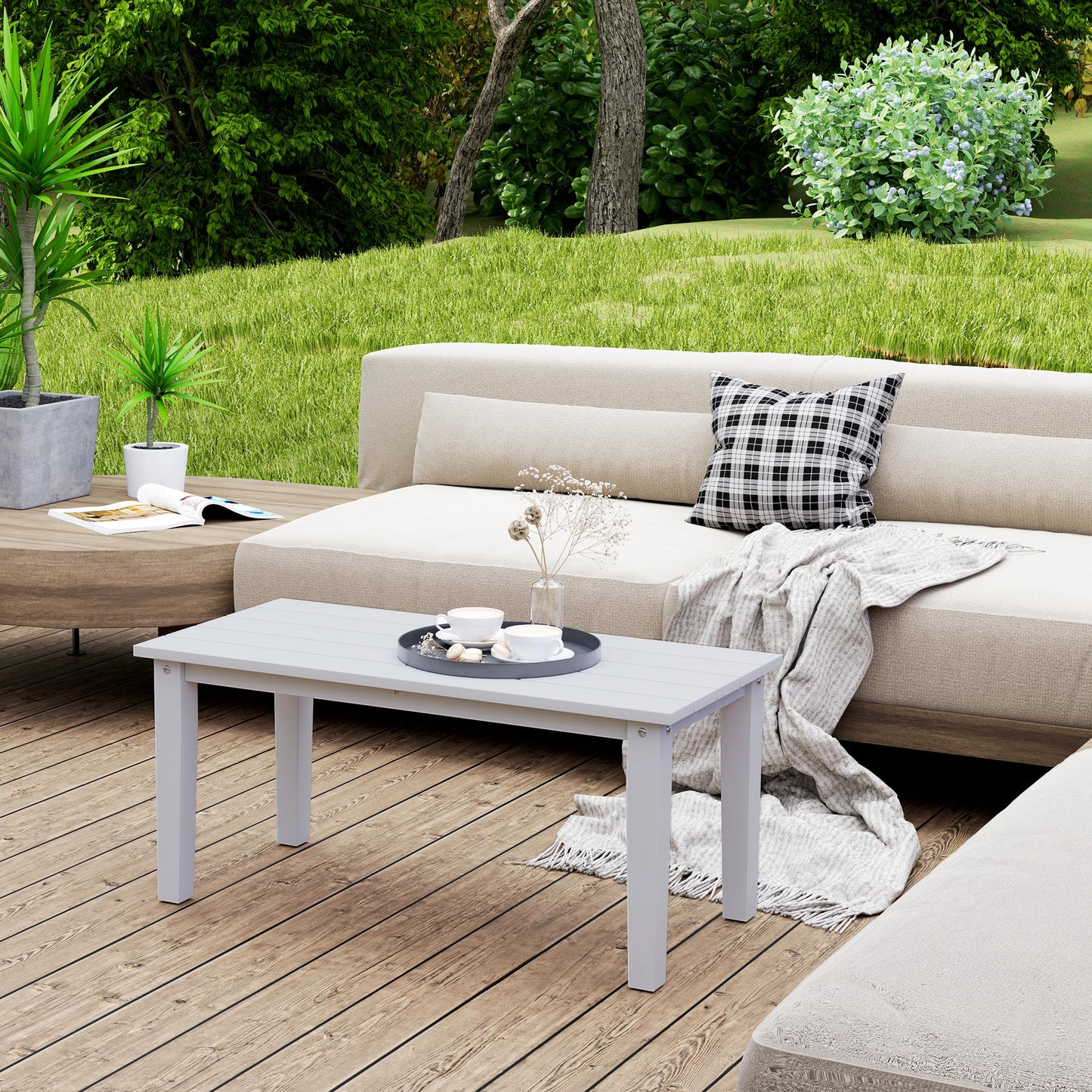 Outsunny Outdoor Garden Coffee Table, All-Weather HDPE with Slatted Top for Patio/Balcony, 91x44x42 cm, White